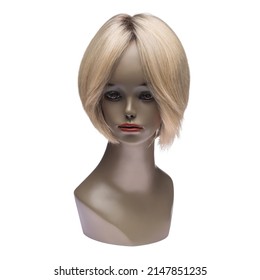 Natural Hair Wig On A Mannequin On A White Isolated Background. Blonde, Short Straight Hair. Front View