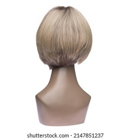 Natural Hair Wig On A Mannequin On A White Isolated Background. Blonde, Short Straight Hair. Back View