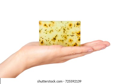 Natural Handmade Soap Bar In Hand Isolated On White Background