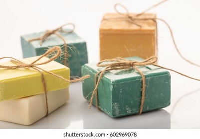 Natural Handmade Soap Bars On White Background