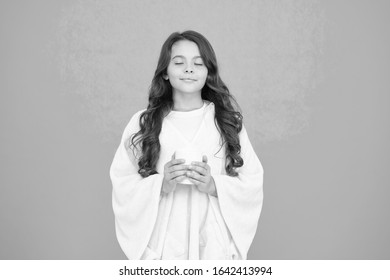 Natural Healthy Beverage. Cosy And Fluffy Pajama. Feeling Comfortable At Home. Happy Girl With Tea Cup. Good Morning Drink. Small Kid Blue Background. Little Girl Drink Cocoa Or Milk Before Sleeping.