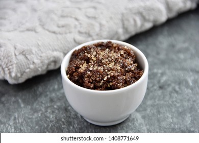 Natural, Homemade Coffee, Brown Sugar And Honey Lip Scrub In Small Bowl.