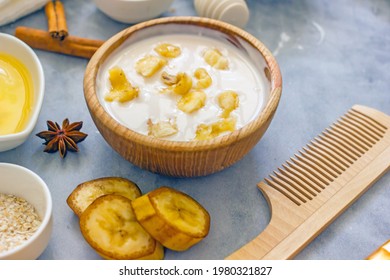 Natural Homemade Hair Mask With Banana, Close-up.Natural Hair Care At Home.