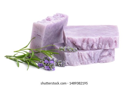 Natural Homemade Lavender Soap Bars With Lavender Flowers Isolated On White Background.