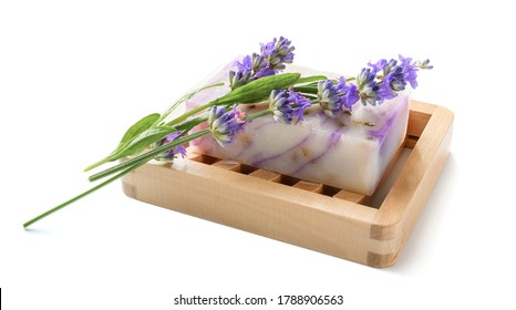 Natural Homemade Lavender Soap With Lavender Flowers On Wooden Soap Dish On White Background.