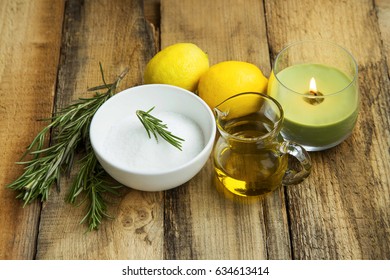 Natural homemade skincare products with baking soda, lemon, rosemary herb, olive oil, organic skincare - Powered by Shutterstock