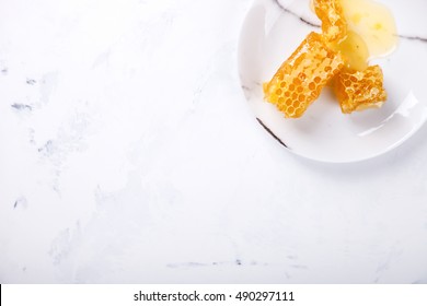 Natural Honey Comb On The Plate.selective Focus.Top View. 