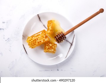 Natural Honey Comb On The Plate.selective Focus.Top View. 