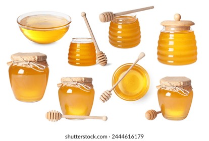 Natural honey, glass jars and dippers isolated on white, set - Powered by Shutterstock