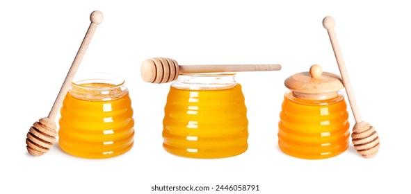 Natural honey in glass jars and dippers isolated on white, set - Powered by Shutterstock