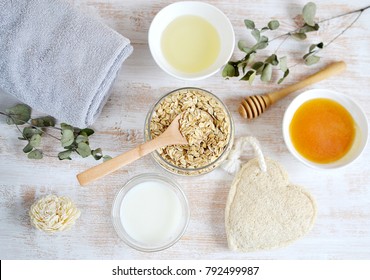 Natural Ingredients For Homemade Body Face Scrub Oat Oil Milk. Beauty Concept. SPA. Love Your Body