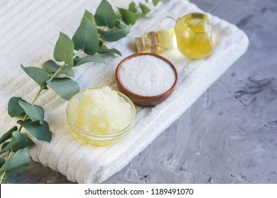 Natural Ingredients Homemade Body Sea Salt Scrub with Olive Oil Honey Milk White Towel Beauty Concept Skin Care Organic Aroma Spa Therapy - Powered by Shutterstock