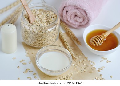 Natural Ingredients for Homemade Oat Body Face Milk Scrub Salt Oil Honey Beauty Concept Organic Eco Healthy Lifestyle
