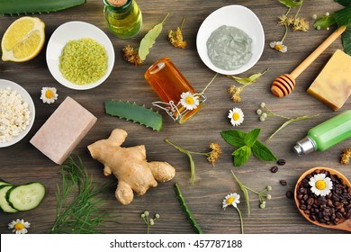 Natural Ingredients For Skin Care On Wooden Background