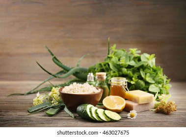 Natural Ingredients For Skin Care On Wooden Background