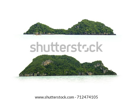Natural island abundant Full of green trees cover in ocean. Where sea water surrounds. Isolated on white background.