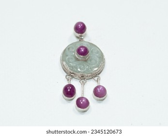 Natural jade and ruby gemstone silver pendant