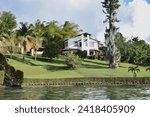 natural landscape with beautiful house surrounded by nature and trees for rest