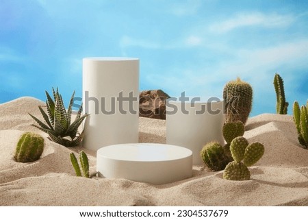 The natural landscape with cylinder and round podiums placed on the sand with types of Cactus. Background of blue sky