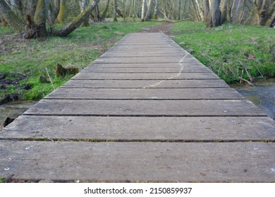 natural landscape with empty trail between trees through wooden bridge. Small wooden bridge in a forest in early spring