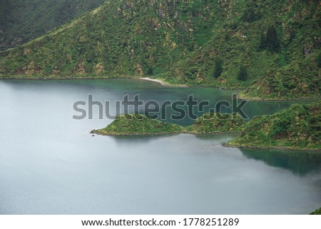 natural landscape of lagoa do fogo (lake of fire) in the crater of the Água de Pau volcano in Sao Miguel Azores Portugal