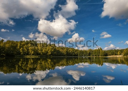 Natural landscape of the lake, high definition, the movement of waves against the background of the autumn forest. The reflection of clouds on the ripples of water. Germany.