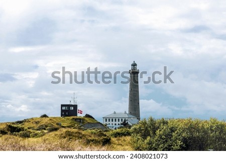 Natural landscape with lighthouse. Sand dunes covered with bushes and grass. Skagen, Denmark
