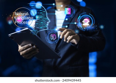 Natural language processing NLP with businessman touch on digital chatbot as assistant communication data in digital network with machine learning application by AI or Artificial intelligence