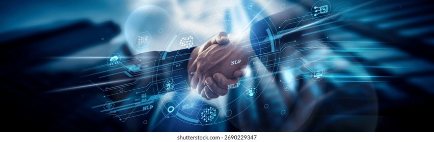 Natural Language Processing (NLP) concept, human-computer speech, handshake of global network connection enhancing language, AI, voice, insights, sentiment, chat.