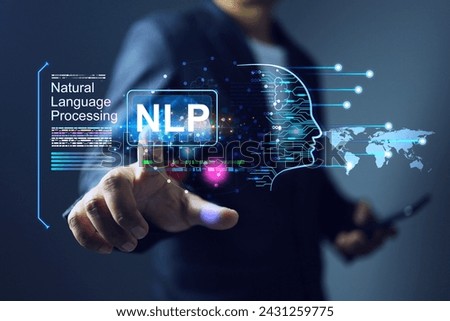 natural language processing NLP concept with businessman touch on computer processor to connecting on user interface