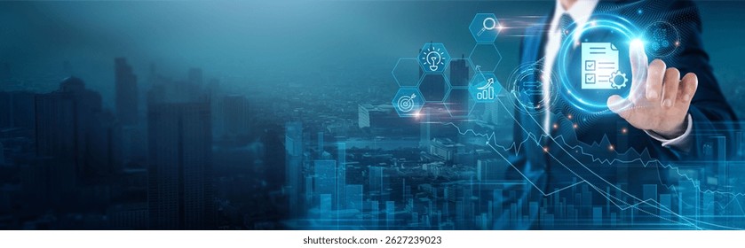 Natural Language Processing (NLP): Text analysis, language understanding, machine learning, sentiment analysis, data processing, AI communication, Businessman touch NLP network, automation.