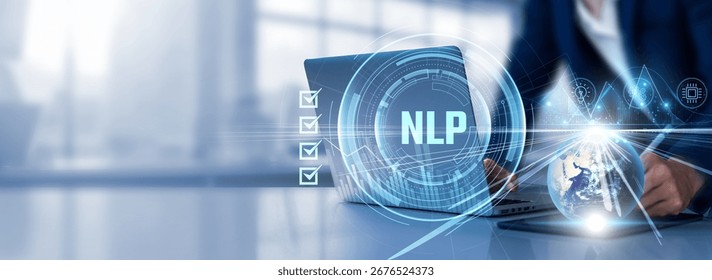 Natural Language Processing (NLP): Text analysis, machine learning, automation, language understanding. Businessman select of checkbox and using laptop analyzing data graph growth on global network.