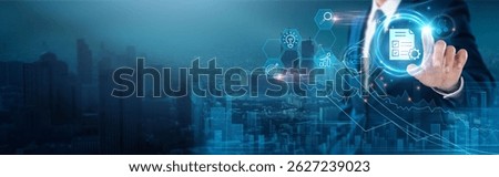 Natural Language Processing (NLP): Text analysis, language understanding, machine learning, sentiment analysis, data processing, AI communication, Businessman touch NLP network, automation.