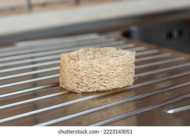 Natural Loofah Sponge On Steel Sink