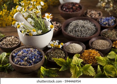 Natural medicine, herbs, mortar on wooden table background - Shutterstock ID 594446954
