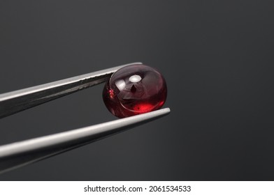 Natural Mined Deep Red Ruby Gemstone Setting In Tweezers. Heated, Lead Glass Filled, Genuine Gem. Inclusions, Micro Cracks Inside Bubbles. Dark Gray Background. Gemology, Mineralogy Theme.