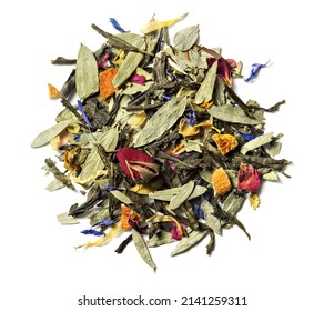 Natural mix herbal and green tea with goji berries, eucalyptus leaves, orange peel, flowers petals on white background. Top view. Close up. High resolution