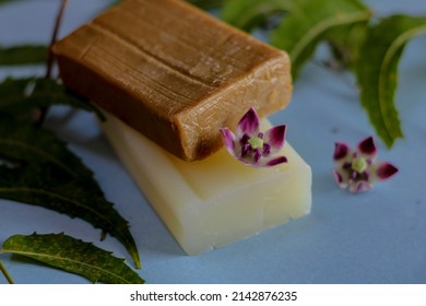 Natural Neem Homemade Lavender Soap Bars With Lavender Flowers Beautiful Background,