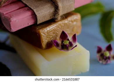 Natural Neem Homemade Lavender Soap Bars With Lavender Flowers Beautiful Background,