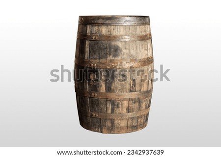 Natural Oak Wooden Barrel Old Aged Weathered isolated on white background for pirate ship scene decoration object