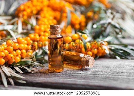 Natural oil of sea buckthorn (Hippophae) in glass bottle with branch of fresh, juicy ripe yellow berries with green leaves on a wooden background