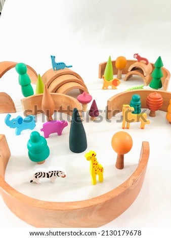 Natural open ended toys with wooden forest and animal