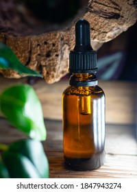 Natural organic botany with organic yellow oil in brown glass bottle, alternative green herb medicine, skin care. Bio science. Spa. Selective focus