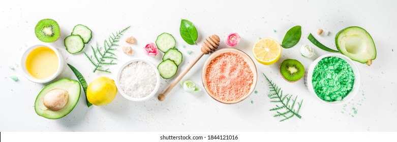 Natural and organic cosmetic concept. Spa and aromatherapy, Homemade cosmetics ingredients, extracts for natural beauty skincare product honey, lemon, almond, kiwi, cucumber, aloe vera, salt, yogurt