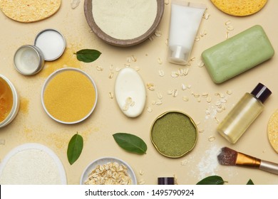 Natural Organic Cosmetic Flat Lay. Home Spa Concept. Skin, Body And Hair Care Products.