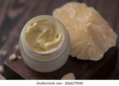 Natural organic cosmetics with cocoa butter. Homemade natural cream. Selective focus, space for text