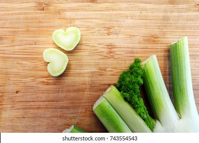 Natural Organic Green Fennel Bulb Hearts On Wooden Rustic Background - Happy Valentines Day