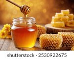 Natural organic honey in glass jar, honey dipper and honeycombs are near. Natural food background.