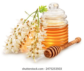 Natural organic honey in glass jar, honey plant acacia flowers and leaves near it isolated on white background. - Powered by Shutterstock