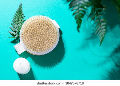 Natural Organic Wooden Body Massage Brush, Towel, Fern Leaves With Natural Sunlight. Home Spa Therapy. Copy Space